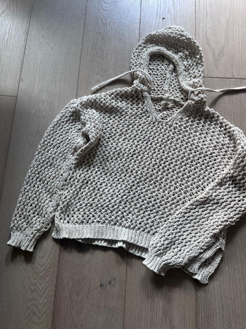 Nicole Miller Cream Crochet Hooded Pullover Sweater